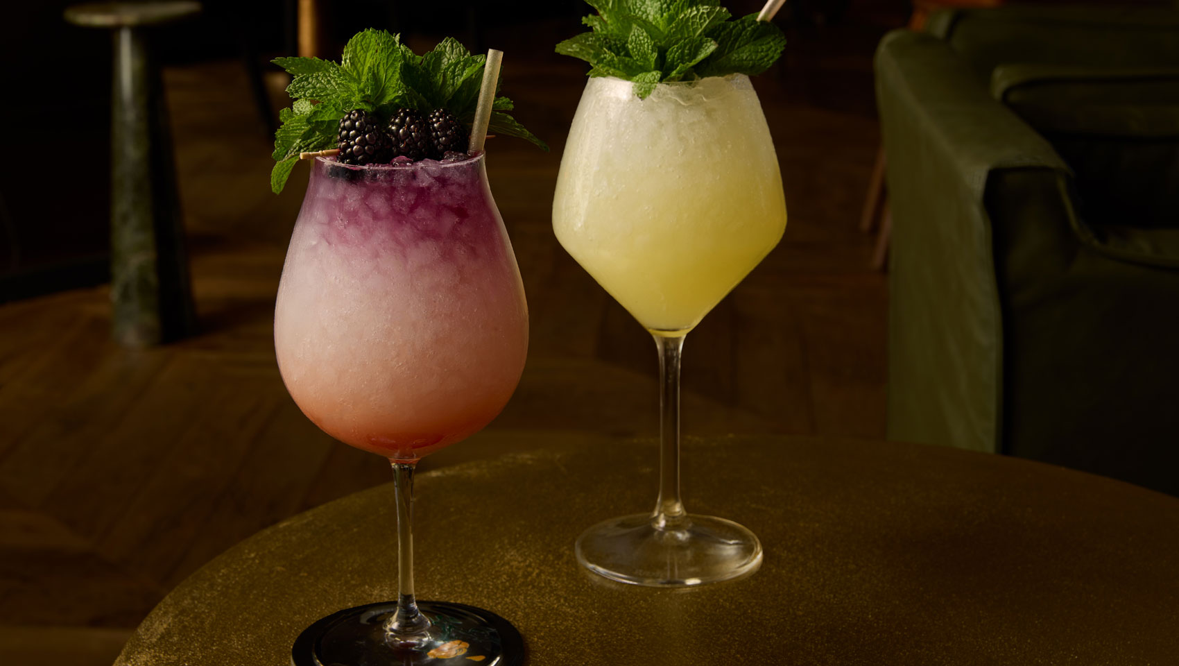 Two garnished No Rose cocktails